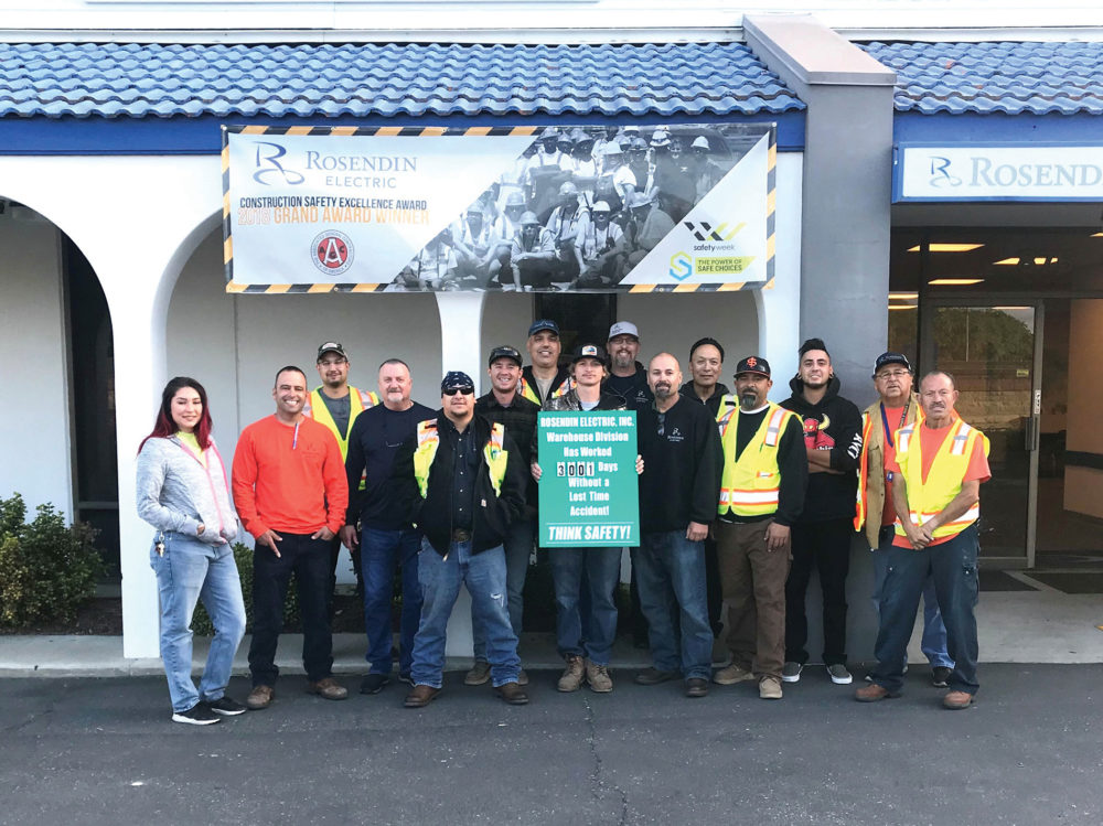 In May 2018, Rosendin’s San Jose, Calif., Warehouse Division was recognized for working 3,001 days without a lost-time incident