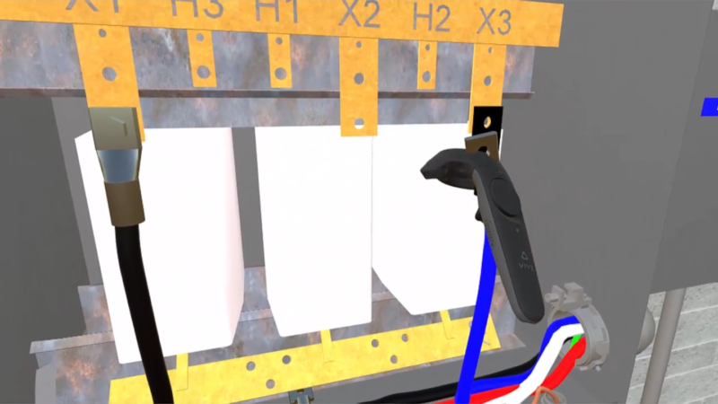 Virtual reality developed by Rosendin's BIM division shows the user the steps to wiring up a transformer.